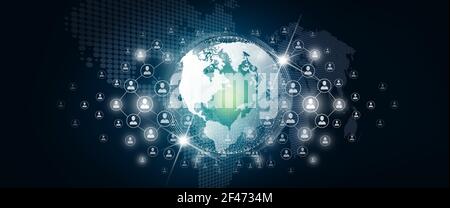 World business, People and Network connection concept. Global connection with connecting people orbit around the world. Code programming, Digital bina Stock Photo