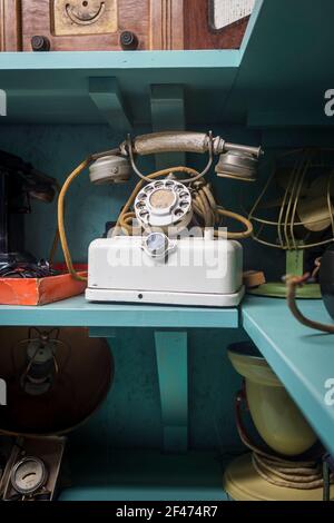 World War Two vintage telephone on display at Eden Camp in the North Yorkshire Moors near Malton, England Stock Photo