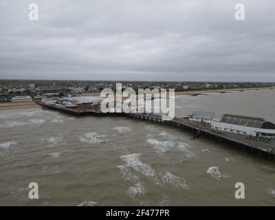 Clacton Pier with town in background Essex UK aerial image . Stock Photo