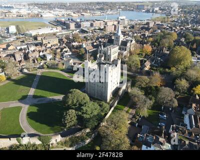 Rochester Castle and town  Kent UK  aerial Stock Photo