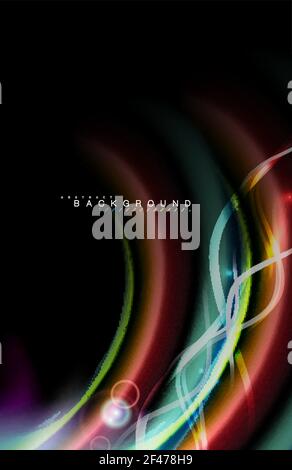 Color shiny light effects on black, liquid style multicolored wavy shape. Color shiny light effects on black, liquid style multicolored wavy shape. Artistic illustration for presentation, app wallpaper, banner or poster, geometric design Stock Vector