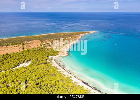 Aerial view of Punta della Suina sandy bay and islet framed by Mediterranean pine trees, Gallipoli, Salento, Apulia, Italy Stock Photo