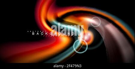 Color shiny light effects on black, liquid style multicolored wavy shape. Color shiny light effects on black, liquid style multicolored wavy shape. Artistic illustration for presentation, app wallpaper, banner or poster, geometric design Stock Vector