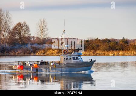 Small commercial fishing vessel heading out of Steveston Harbour in British Columbia Canada Stock Photo