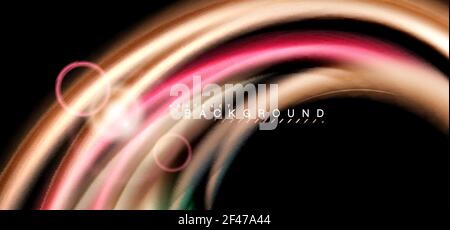 Color shiny light effects on black, liquid style multicolored wavy shape. Color shiny light effects on black, liquid style multicolored wavy shape. Artistic illustration for presentation, app wallpaper, banner or poster, geometric design Stock Vector