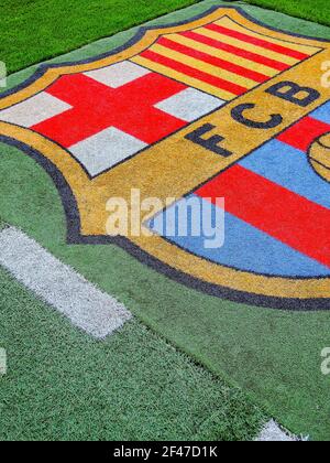 BARCELONA, SPAIN - Oct 18, 2017: fc barcelona logo on nou camp stadium Stock Photo