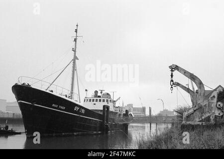 GRIMSBY, ENGLAND - March 19th: A general view of the Ross Tiger museum ship, which is currently closed due to the Covid-19 pandemic. March 19th, 2021 in Grimsby, England. (Photo by Ashley Allen/Alamy Live News) - Editor's note: Image has been converted to Black and White. Stock Photo