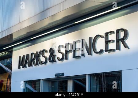 Marks and Spencer sign above retail store, The House of Housing Culture (DBK), above the Budejovicka metro station, Prague Stock Photo