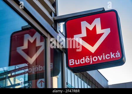 Prague, Czech Republic - December 31, 2020: Signboard of Budejovicka station, Prague Metro, Line C Stock Photo
