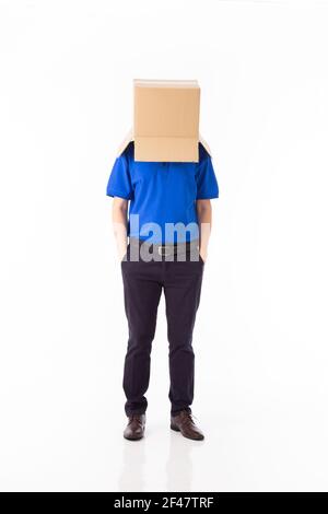 man in a bluer T-shirt with a cardboard box on his head makes a gesture ...
