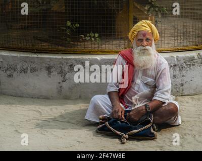 Indian religious man of Hindu Shiva sect dipicted by particular mark on forehead at a sanctuary in Vrindavan, Uttar Pradesh, India. Stock Photo