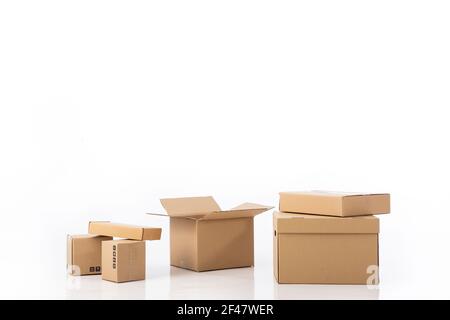 Group of cardboard boxes. Objects isolated on white background Stock Photo