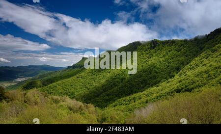 Serra de Llancers seen from the Coll de Bracons mountain pass in spring (Garrotxa, Catalonia, Spain) Stock Photo