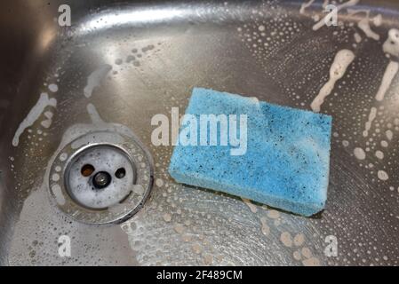 Sponge with detergent and foam while washing the sink in the kitchen. Wash dishes and plumbing. Sponges for wash and cleaning of dirty. Removing greas Stock Photo