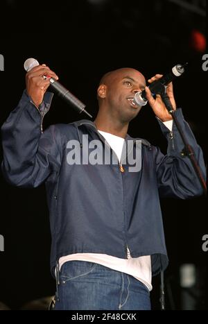 Trevor Nelson on stage at 'The Jam In The Park' concert, held in Finsbury Park, London, UK. 17th June 2001 Stock Photo