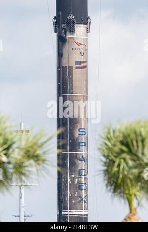 SpaceX Falcon 9 Rocket Booster at Port Canaveral, FL on March 18, 2021. Stock Photo