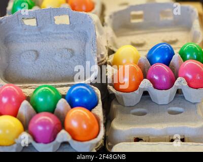 Packages with colorful easter eggs in a store Stock Photo
