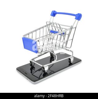 Shopping cart and online, mobile shopping. Concept online shopping. Online banking, cashless payment concept. Stock Photo