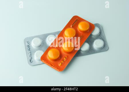 Pharmaceutical medication and medicine pills in packs. Pills in packs. Pills in blister pack. Stock Photo