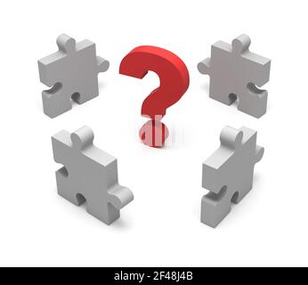 3D puzzle and question mark isolated on white background. Concept solution. Stock Photo