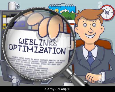 Weblinks Optimization. Man in Office Workplace Showing a through Magnifying Glass Concept on Paper. Multicolor Doodle Illustration. Stock Photo