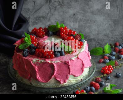 Fruit Cake with Berries on a Dark Background. Close-up Stock Photo