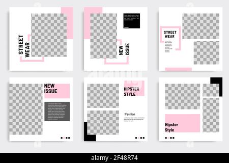 Minimal layout design background vector illustration in black pink white frame color. Editable square geometric shape banner template for social media Stock Vector