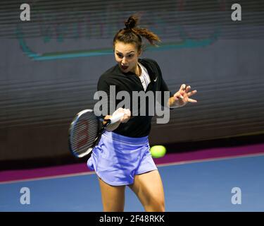 Jaqueline Cristian of Romania playing against Svetlana Kuznetsova of Russia during the St.Petersburg Ladies Trophy 2021 tennis tournament at Sibur Arena. Final score: (Svetlana Kuznetsova 0-2 Jaqueline Cristian) Stock Photo