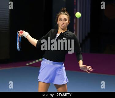 Jaqueline Cristian of Romania playing against Svetlana Kuznetsova of Russia during the St.Petersburg Ladies Trophy 2021 tennis tournament at Sibur Arena. Final score: (Svetlana Kuznetsova 0-2 Jaqueline Cristian) Stock Photo