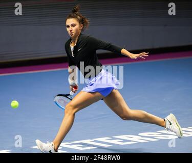 Jaqueline Cristian of Romania playing against Svetlana Kuznetsova of Russia during the St.Petersburg Ladies Trophy 2021 tennis tournament at Sibur Arena. Final score: (Svetlana Kuznetsova 0-2 Jaqueline Cristian) Stock Photo