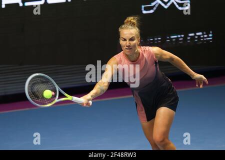 Svetlana Kuznetsova of Russia playing against Jaqueline Cristian of Romania during the St.Petersburg Ladies Trophy 2021 tennis tournament at Sibur Arena. Final score: (Svetlana Kuznetsova 0-2 Jaqueline Cristian) Stock Photo