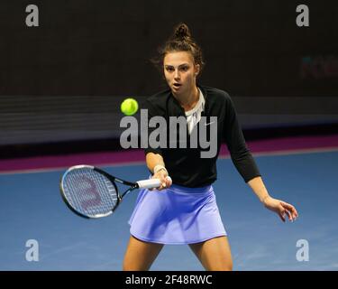 Jaqueline Cristian of Romania playing against Svetlana Kuznetsova of Russia during the St.Petersburg Ladies Trophy 2021 tennis tournament at Sibur Arena. Final score: (Svetlana Kuznetsova 0-2 Jaqueline Cristian) Stock Photo