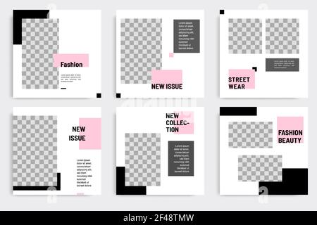 Minimal layout design background vector illustration in black pink white frame color. Editable square geometric shape banner template for social media Stock Vector