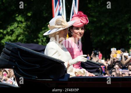 Catherine Duchess of Cambridge talking to Camilla Parker Bowles at Trooping of the Colour Stock Photo