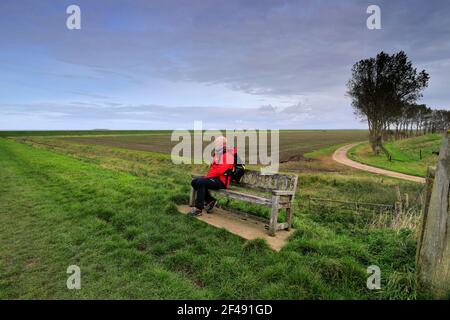 Walker at the Sir Peter Scott Lighthouse, known as the East Lighthouse, River Nene, Sutton Bridge village, South Holland district, Lincolnshire, Engla Stock Photo