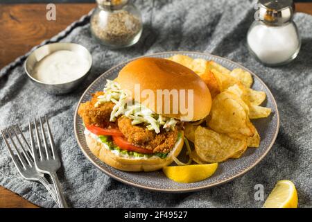 Homemade Fried Soft Shell Crab Sandwich with Chips Stock Photo