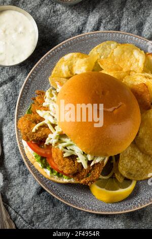 Homemade Fried Soft Shell Crab Sandwich with Chips Stock Photo