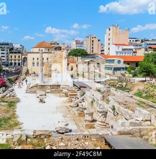 View of the remains of the Hadrian's Library and the old mosque in Monastiraki square, Athens, Greece, Europe, Stock Photo