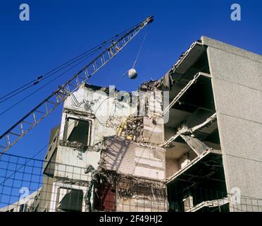 Demolishing part of the Hulme Crescents, Manchester, in 1995. Stock Photo