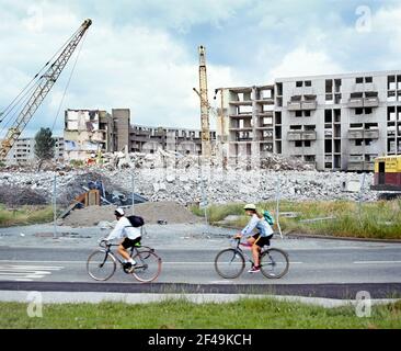 Demolishing part of the Hulme Crescents, Manchester, 1995. Stock Photo