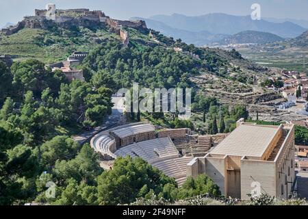 Roman theater and castle on the mountain in the background of the city of Sagunto in the province of Valencia, Spain, Europe Stock Photo