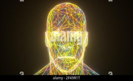 Colorful neon head, computer generated. 3d rendering abstract backdrop from thin net Stock Photo