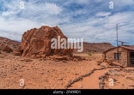 Entrance area at Twyefelfontain with the Prehistoric Bushman engravings, rock painting in Namibia Stock Photo