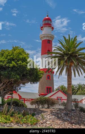 Famous Swakopmund Lighthouse in Swakopmund, city on the Atlantic coast of northwestern Namibia, vertical Stock Photo