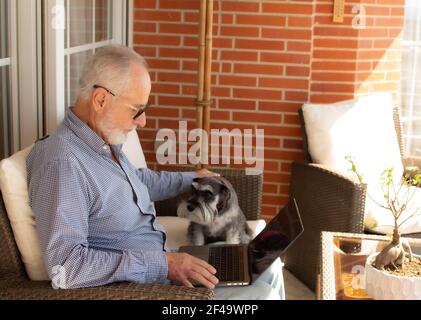 Old man with beard happy at the terrace working from home using laptops with his dog Stock Photo
