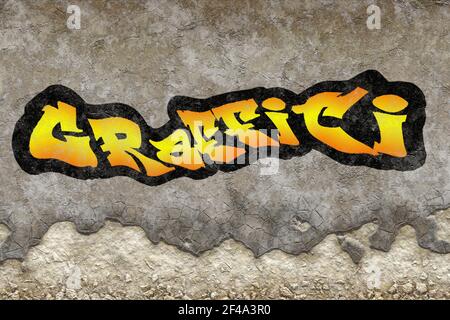 inscription graffiti dyed on plastered crumble texture of old wall Stock Photo