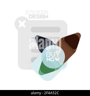 Flat design triangle arrow shape geometric sticker icon, paper style design with buy now sample text, for business or web presentation, app or interface buttons, internet website store banners. Flat design triangle arrow shape geometric sticker icon, paper style design with buy now sample text, for business or web presentation, app or interface buttons, internet website store banners and labels Stock Vector
