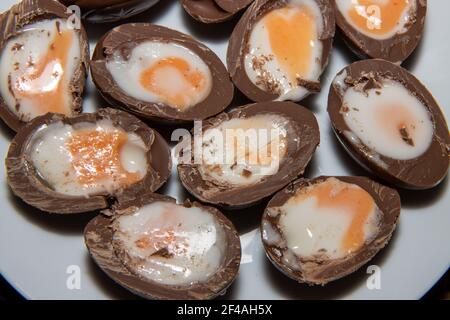 A plate of delicious chocolate cream easter eggs Stock Photo