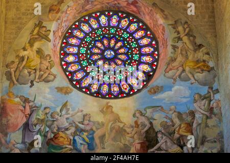 Todi, Umbria, Italy.  Central rose window in the Santa Maria Annunziata Duomo, begun in the 12th century, which was built over a Roman temple.   (For Stock Photo