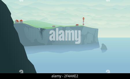illustration of lighthouse on edge at high shore in daylight Stock Vector